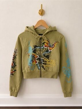 Ed Hardy Y2K Olive Tattoo Butterfly Cropped Zip Hoodie Small